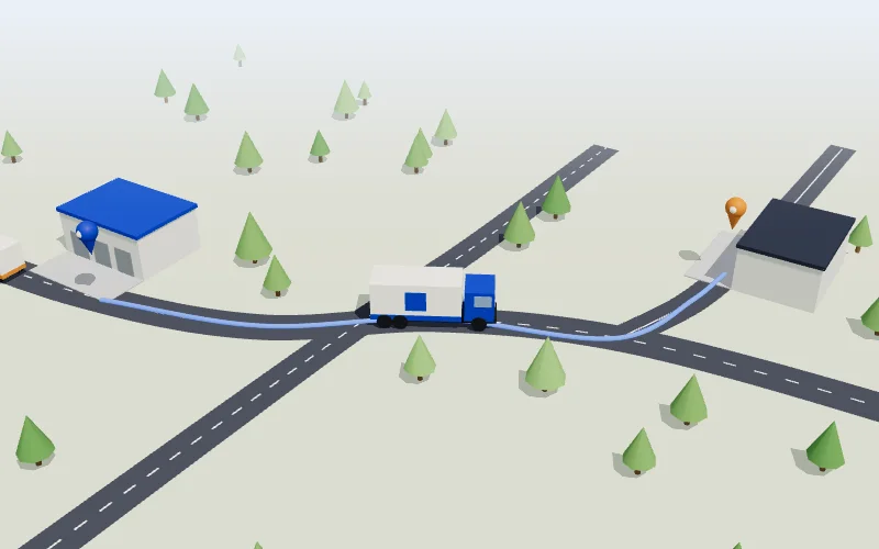 Ein Lkw fährt auf einer Karte die markierte Route von einem Lager zum anderen